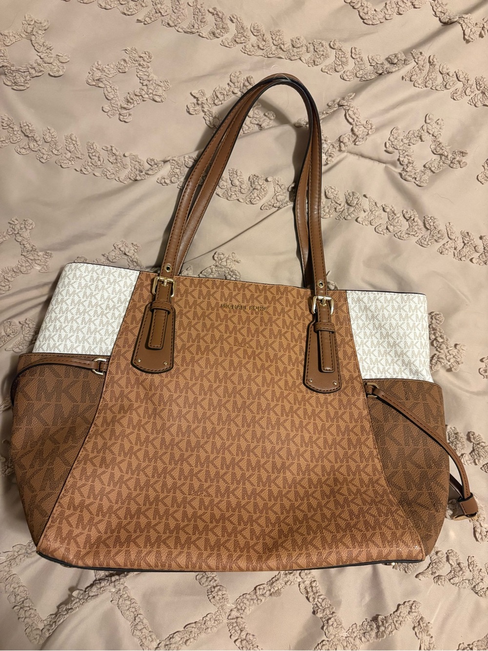 Michael Kors Brown & White Signature Tote with Contrast Panels